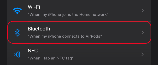 Trigger selection: Bluetooth highlighted